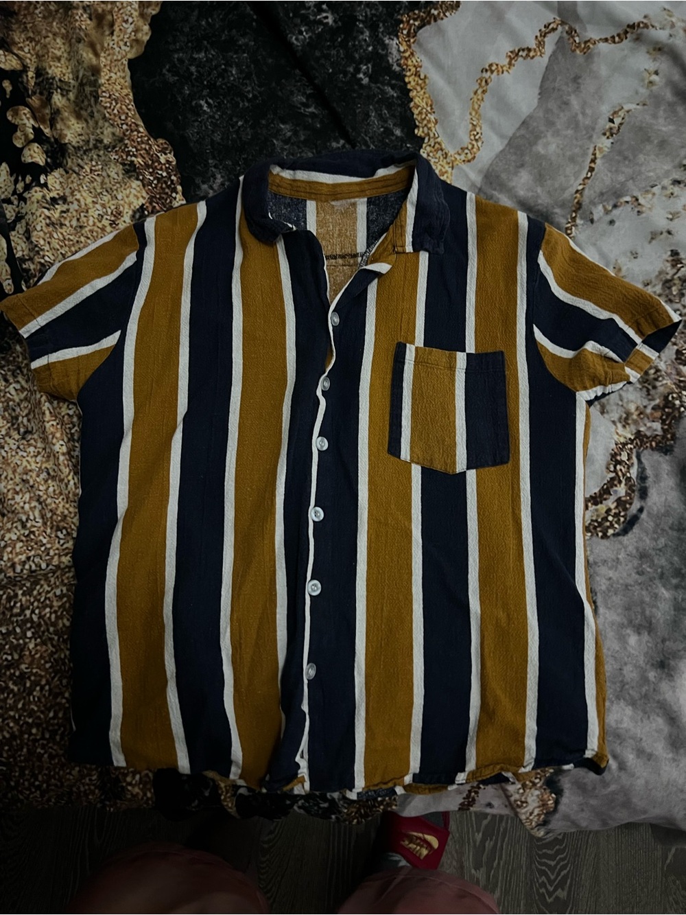 Zara Mustard, Navy & White Vertical Stripe Short-Sleeve Shirt